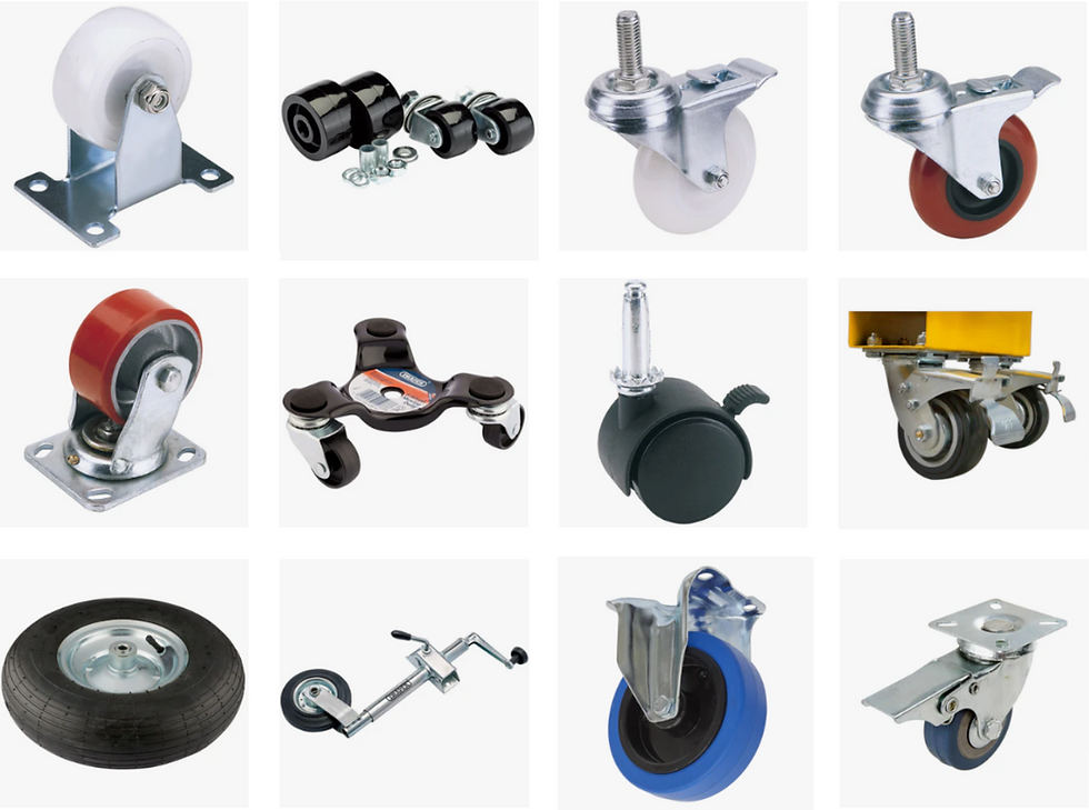 Various caster wheels in different designs and colors arranged in a grid on a white background. Includes black, red, and blue wheels.