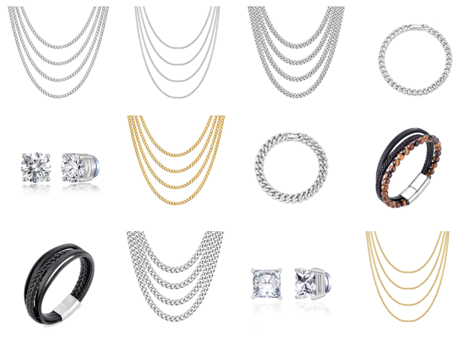 Various jewelry items on white background: silver and gold chains, rings, earrings with gemstones, beaded and braided leather bracelets.