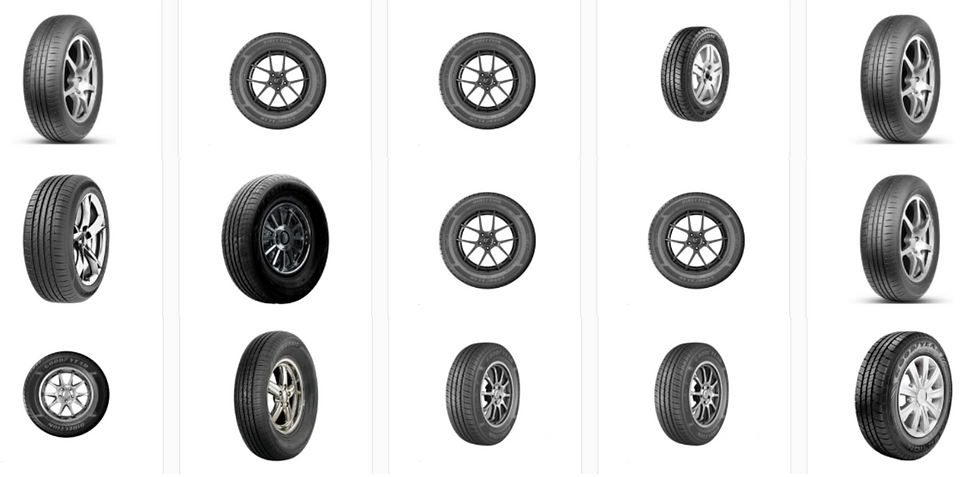 Various styles of tires are displayed in a grid on a white background, showcasing different tread patterns and designs. Some have visible brand text.