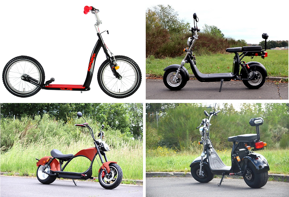 Four scooters; top left is black with red text, top right and bottom right are black in a park, bottom left is red with black details.