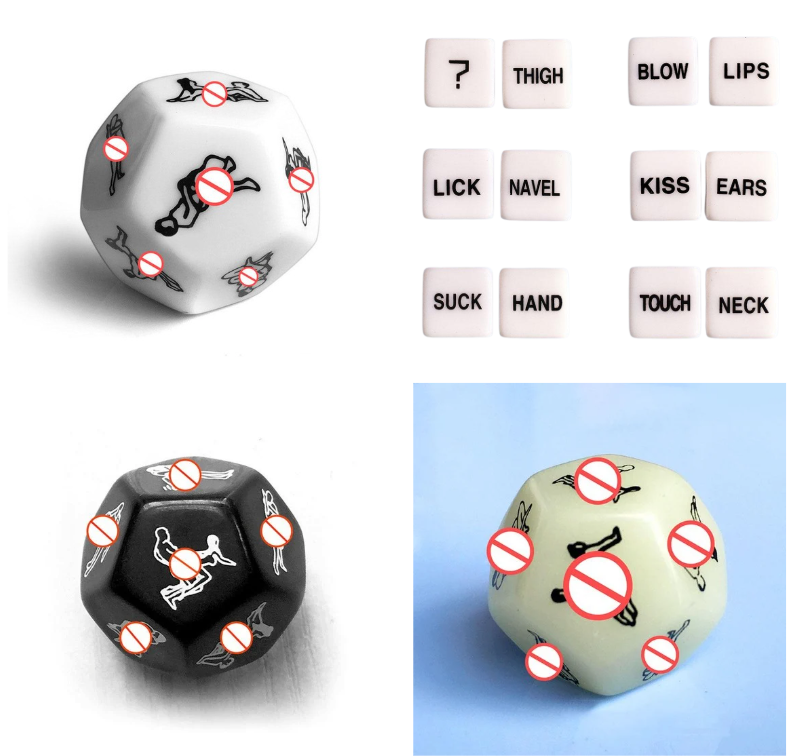 Three dice with illustrations and no-entry signs. One die is white, another black, and the last is light green. Nearby words: lick, touch, kiss.
