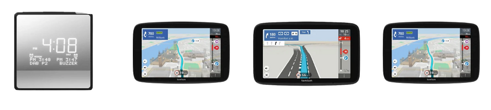 Digital clock shows 4:08 PM, adjacent are three GPS screens displaying navigation maps with roads and directions in color.