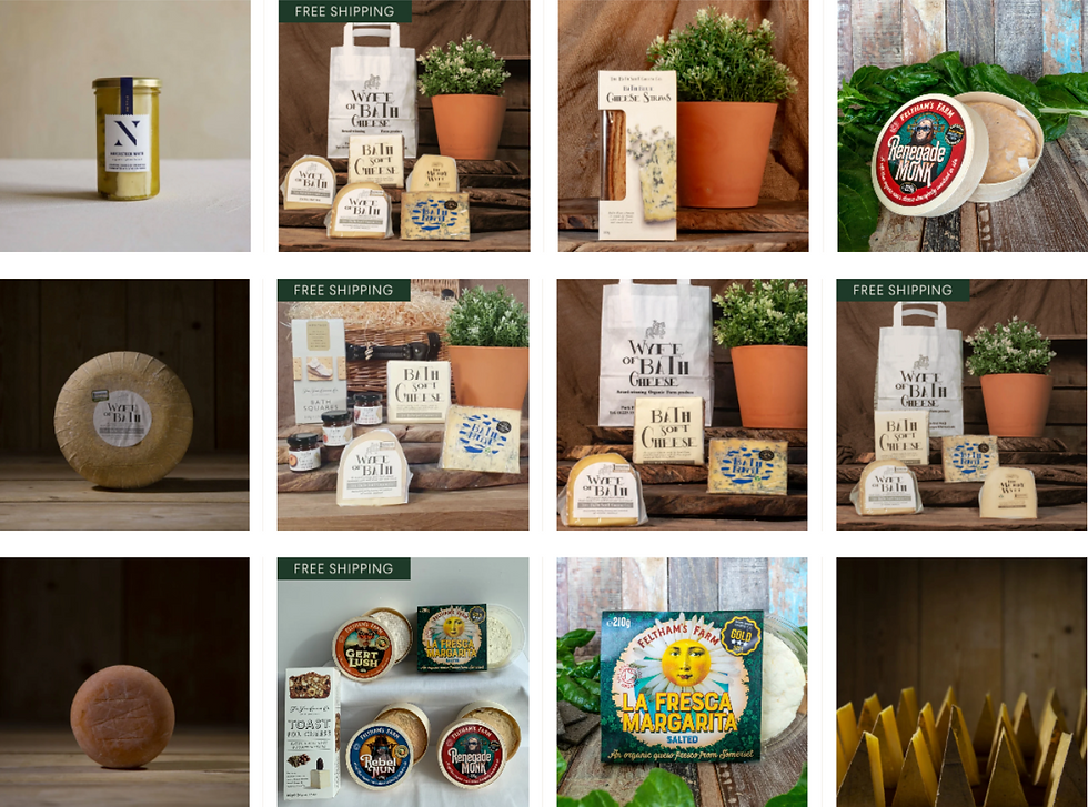 A grid of artisanal cheese packages with free shipping tags, set against rustic wooden backgrounds with potted plants and vivid labels.