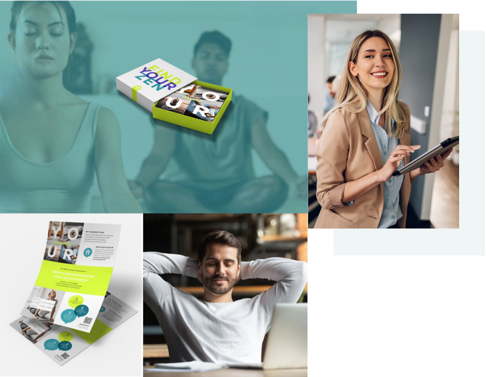 Woman meditating, man relaxing, and woman with tablet in office. Pamphlet and box with "FIND YOUR ZEN" text. Calm atmosphere.