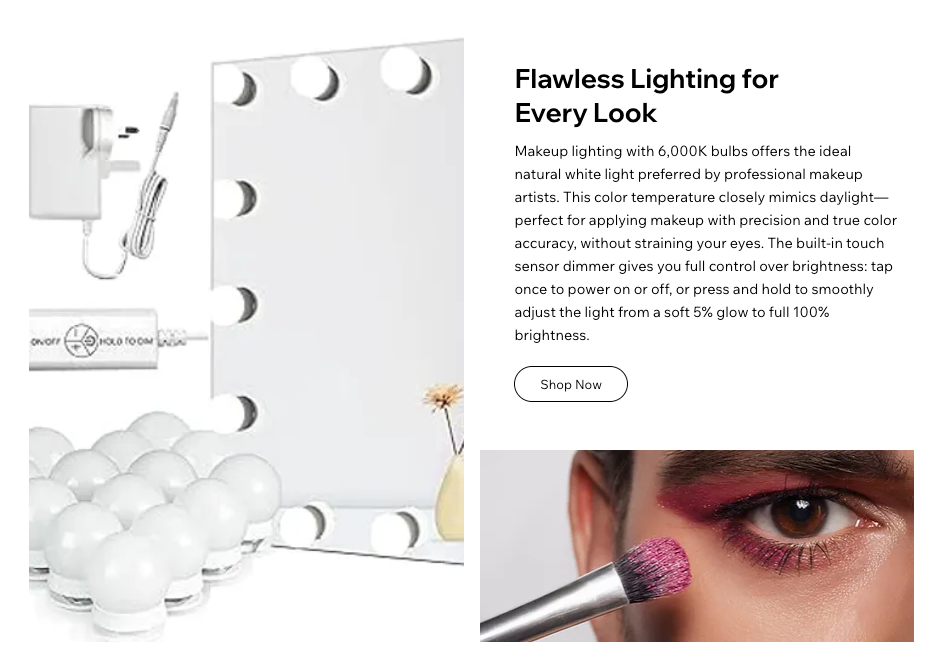 Makeup bulbs with dimmer and adapter, set against a white background. Text highlights daylight-mimicking light. Close-up of eye makeup.