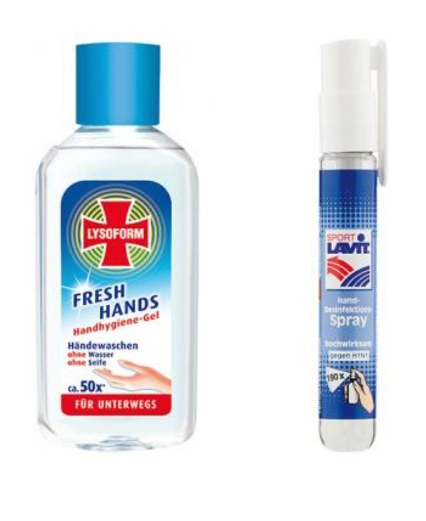 Two hand sanitizers: Lysoform gel with blue lid and Sport Lavit spray. Clear and blue packaging with red accents; text visible.