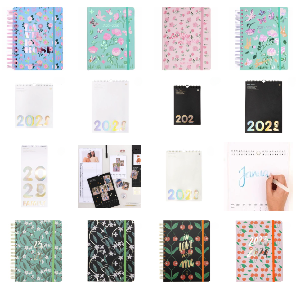 Colorful notebooks and calendars with floral and geometric designs. Visible text includes "2025-2026" and "2020." A hand writes "January."