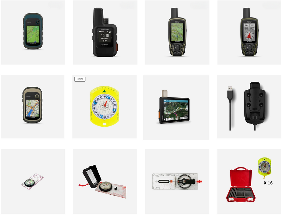 Grid of outdoor navigation tools: GPS devices showing maps and compasses, one labeled "NEW." Includes a red carrying case and USB cable.