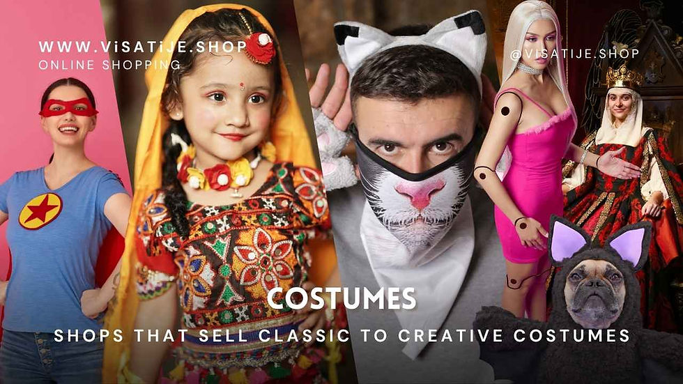 People in various costumes: superhero, traditional attire, cat mask, pink dress, royalty, dog with ears. Text: COSTUMES, online shopping.
