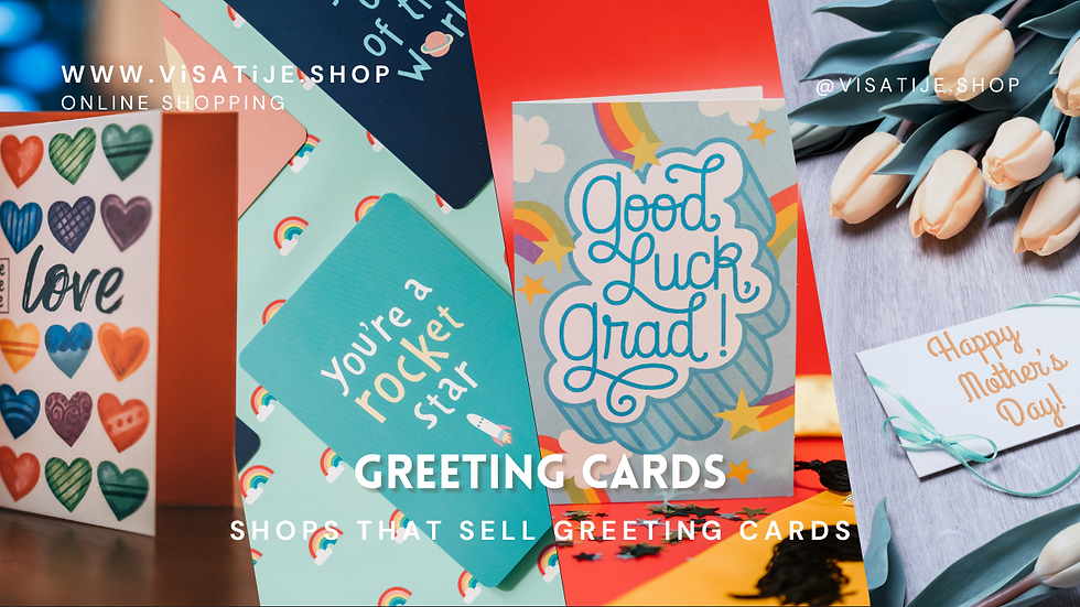 Colorful greeting cards with various messages like "Good Luck Grad!" and "You're a Rocket Star." Includes website and social handles.