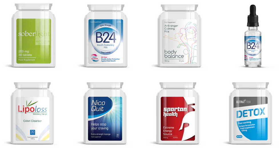 Eight supplement bottles, each with unique labels. Bright colors include green, blue, white, and red. Text on labels describes product uses.
