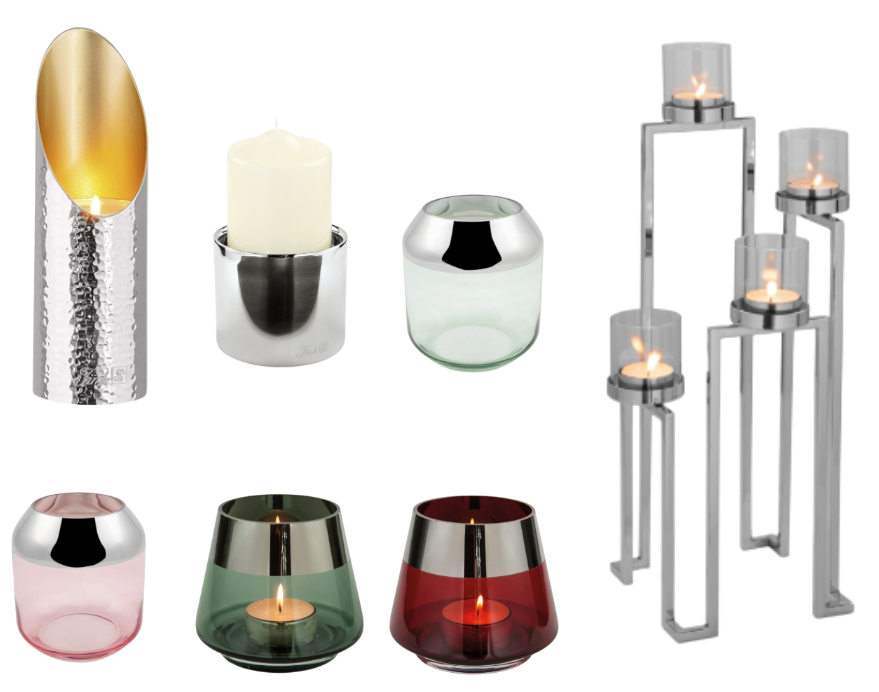 Assorted decorative candle holders in metallic, glass, and colored finishes with lit candles, creating a warm, elegant ambiance.