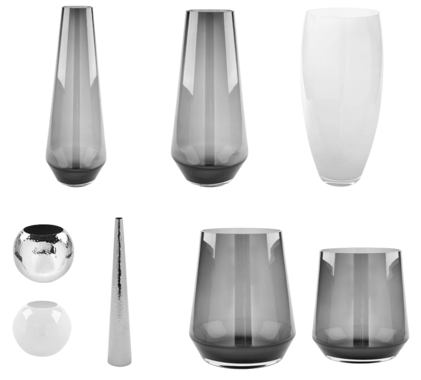 Various modern vases: tall and cylindrical in grey, white, metallic cone, round silver, and round white, displayed on a white background.