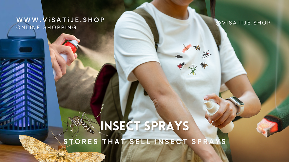 Person spraying insect repellent on arm. Insects on shirt. Blue bug zapper, moth, and text: "INSECT SPRAYS, ONLINE SHOPPING" in background.