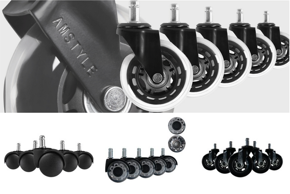 Close-up of black chair castor wheels with white rims, labeled "AMSTYLE." Multiple sets on a white background, showcasing different angles.