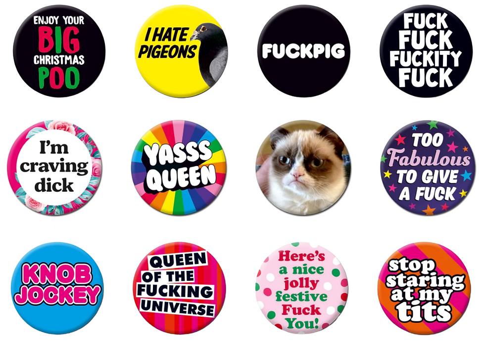 Twelve colorful badges with bold and humorous text, such as "YASS QUEEN" and a grumpy cat image. Various backgrounds, including rainbow and floral.