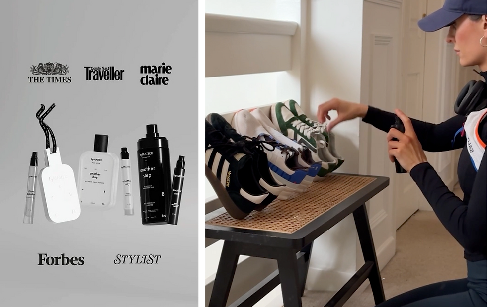 Person sprays byMATTER products on sneakers on a bench. Left side shows various byMATTER items with logos of magazines like Forbes.
