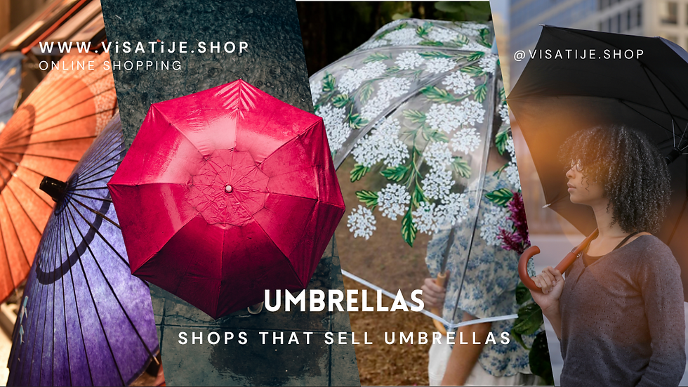 Diverse umbrellas are featured with colors and patterns. A person holds a black umbrella. Text reads: "WWW.VISATIJE.SHOP," "ONLINE SHOPPING," "UMBRELLAS."