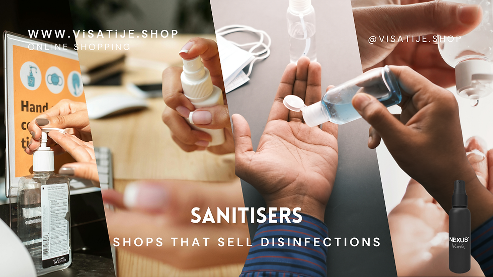 Hands using sanitizers; text: "SANITISERS," "@VISATIJE.SHOP," "ONLINE SHOPPING." Background with masks and orange poster.