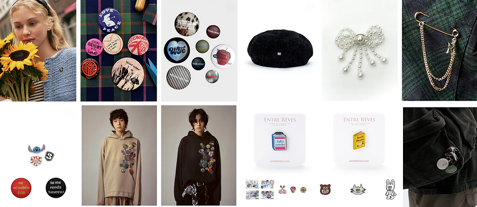 A collage shows a woman with sunflowers, various pins on tartan and plain backgrounds, fashion model close-ups, and enamel pin designs.