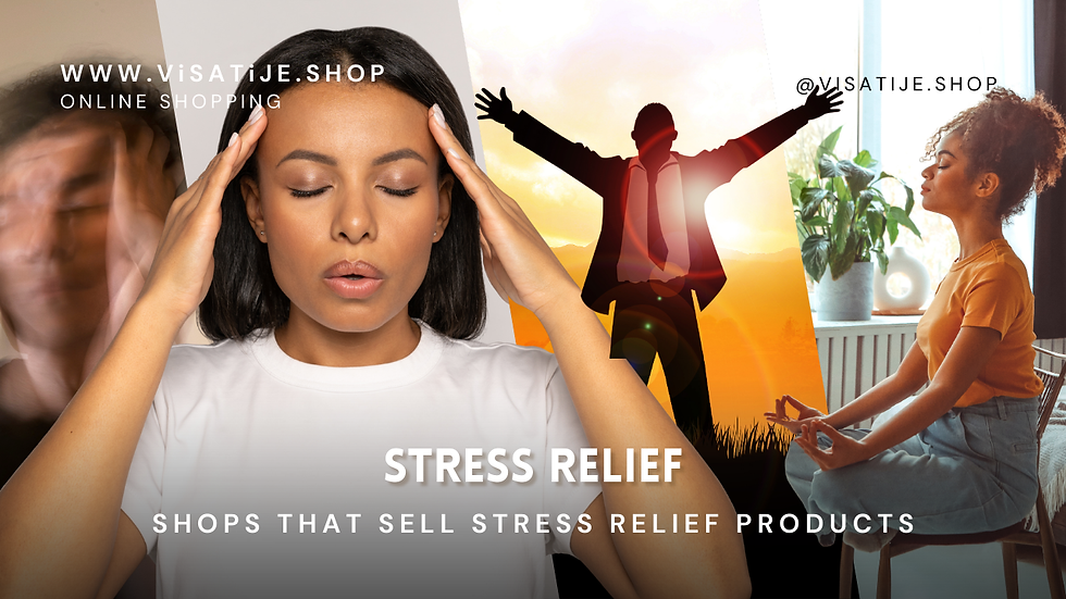 People meditating and stretching at sunrise. Text: "Stress Relief, Shops That Sell Stress Relief Products" and website URL present.