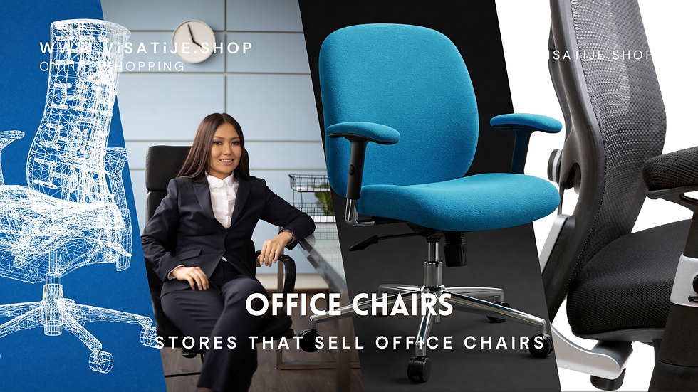 Woman in a suit sits on an office chair, smiling. Blueprints and photos of chairs surround her. "OFFICE CHAIRS" text featured.