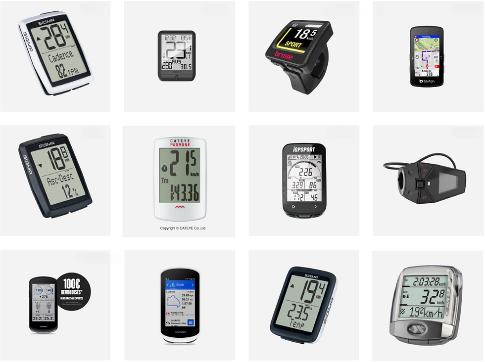 Twelve bike computers displayed in rows showing various designs and data like speed and cadence. Brands include Sigma, Bryton, and Cateye.