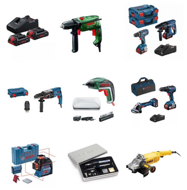 Various power tools displayed, including drills, screwdrivers, and a grinder. Brands include Bosch and DeWalt. Tools are arranged on a white background.