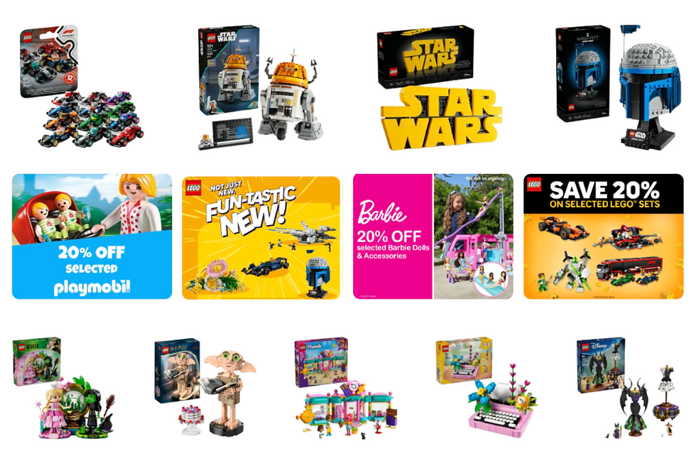 Toy sale ad with various LEGO and Playmobil sets, colorful displays, and discounts like 20% off. Bright, playful, and vibrant.