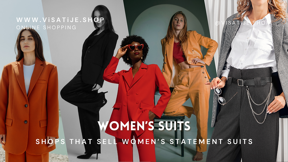 Women in stylish suits; one orange, one black, one red, and one orange. Text: Women's suits, online shopping www.VISATIJE.SHOP.