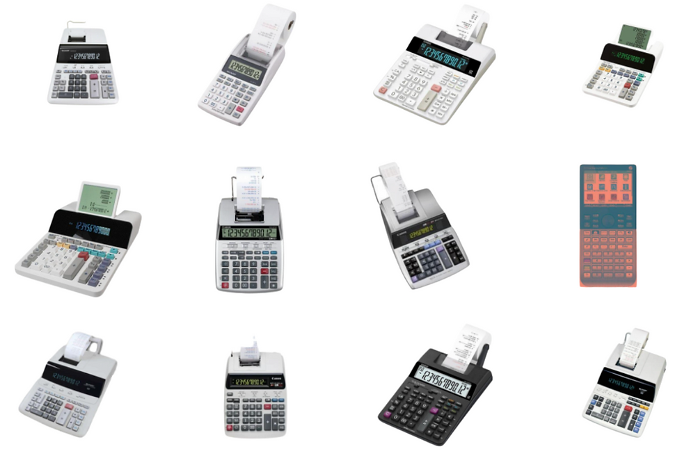 Various printing calculators are arranged on a white background. Each displays numbers and includes paper rolls, showcasing diverse designs.