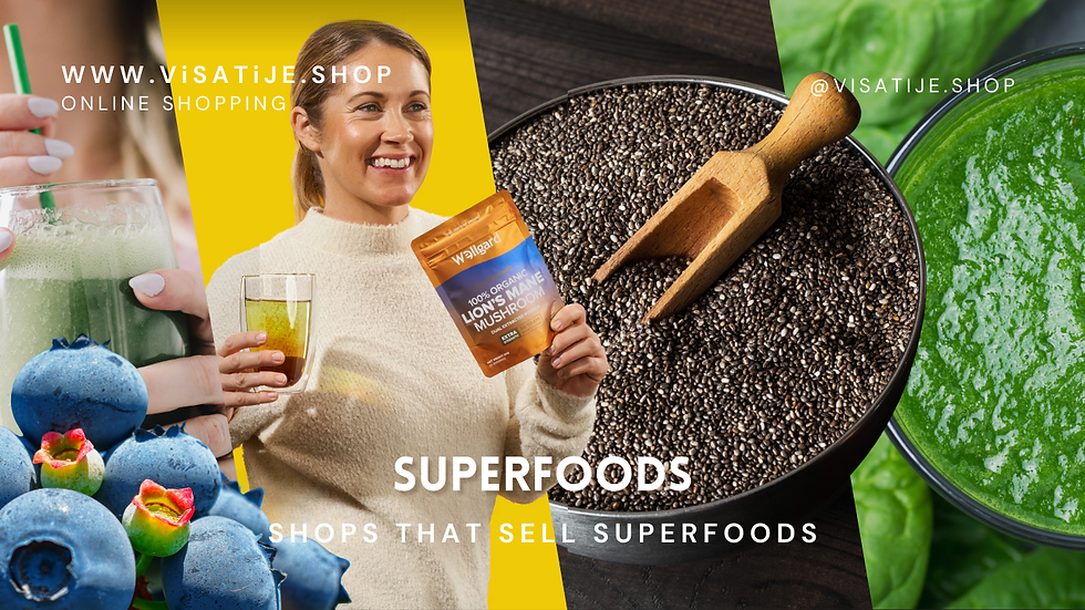 Smiling woman holds mushroom powder. Blueberries, chia seeds, and green smoothie displayed. Text: "SUPERFOODS, ONLINE SHOPPING."