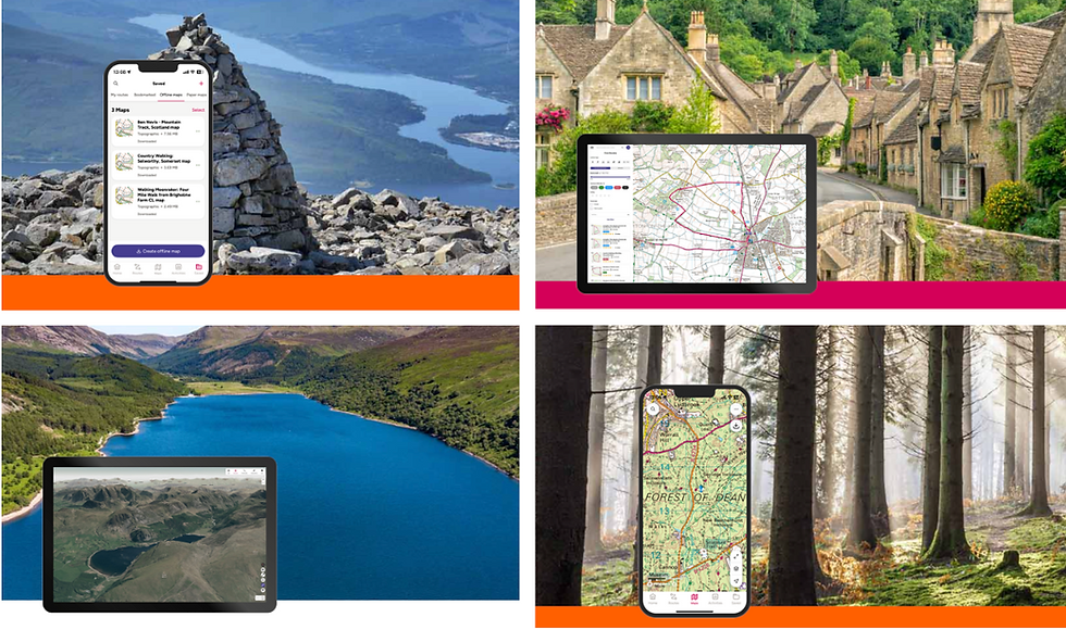 Four scenic landscapes with digital devices displaying maps. Settings: mountains, village, lake, forest. Colors: blue, green, stone.