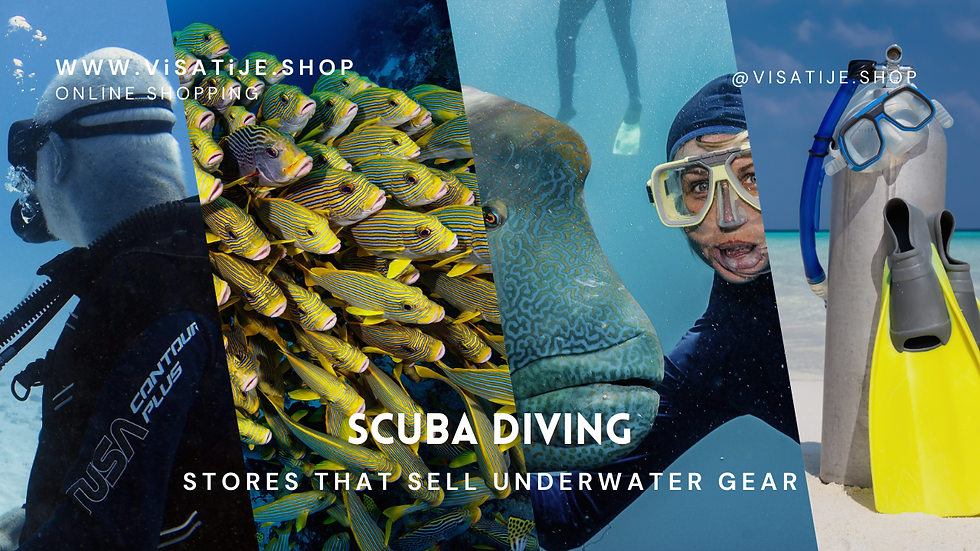 Diver underwater, colorful fish, snorkeler with fish, beach scene with gear. Text: "Scuba Diving" and "@visatije.shop". Ocean vibe.