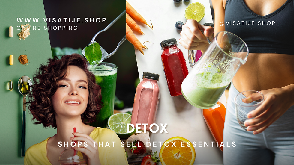 Smiling woman holding smoothie, detox juices, and supplements. Green and white background with text: ViSatiJe.SHOP, Detox Essentials.