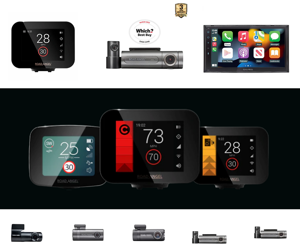 Dashboard gadgets and dash cams with speed displays and app icons. Black background, award badge, and "Which? Best Buy" logo visible.