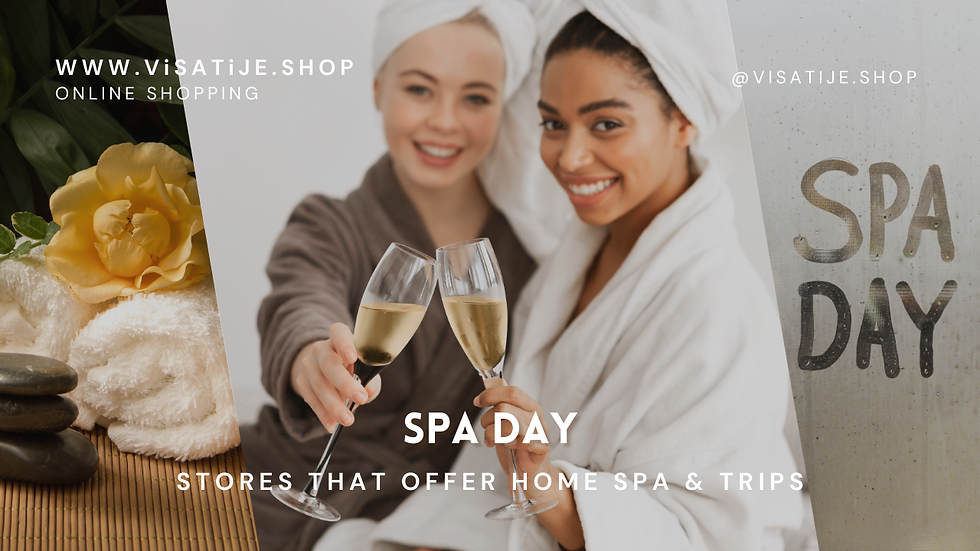 Two women in towels toast champagne in a spa setting. Yellow flower and white towel on the left. "SPA DAY" text visible. Happy mood.