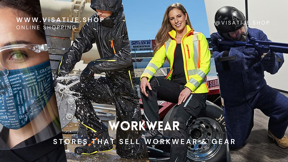 Collage of people in workwear gear, including face masks and protective suits. Text: Visatije.shop, online shopping, workwear stores.