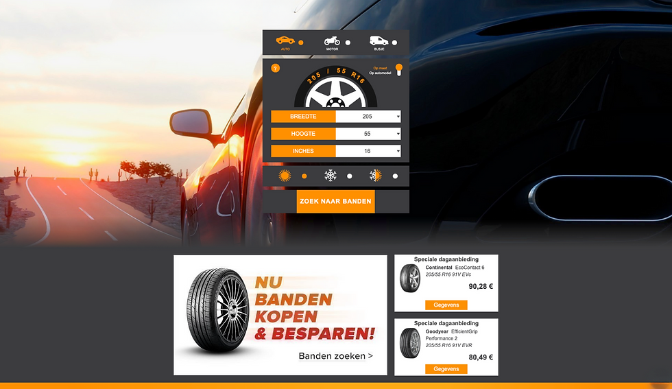 Sunset road with cacti, car mirror reflecting, tire selection interface overlay. Ads for tire deals, prices visible. Orange accents.