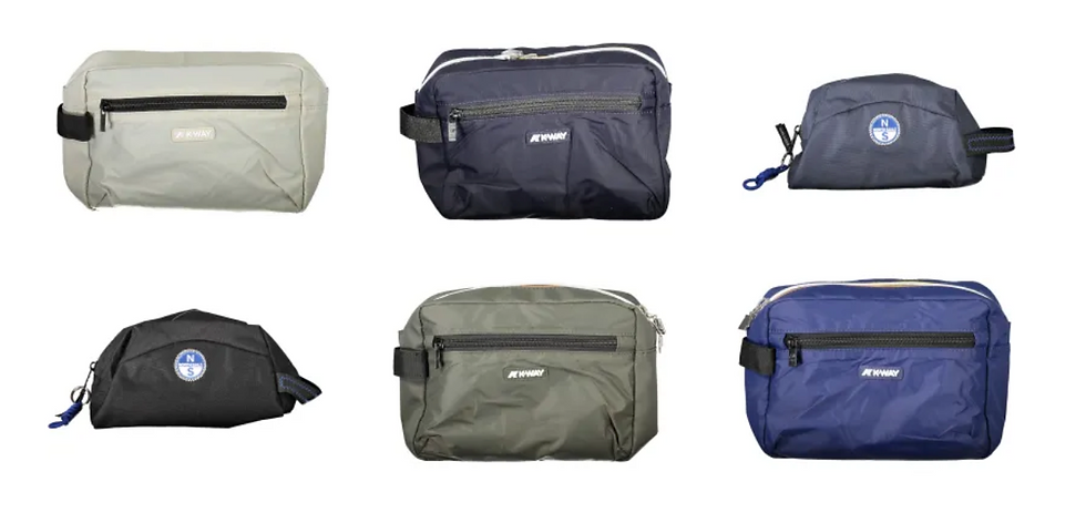 Six small nylon bags in gray, navy, black, olive, and blue, displayed on a white background. Some logos and zippers are visible.