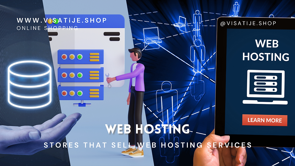 Web hosting graphic with servers, digital network, tablet, and hand. Text: "www.visatije.shop - Online Shopping. Web Hosting."