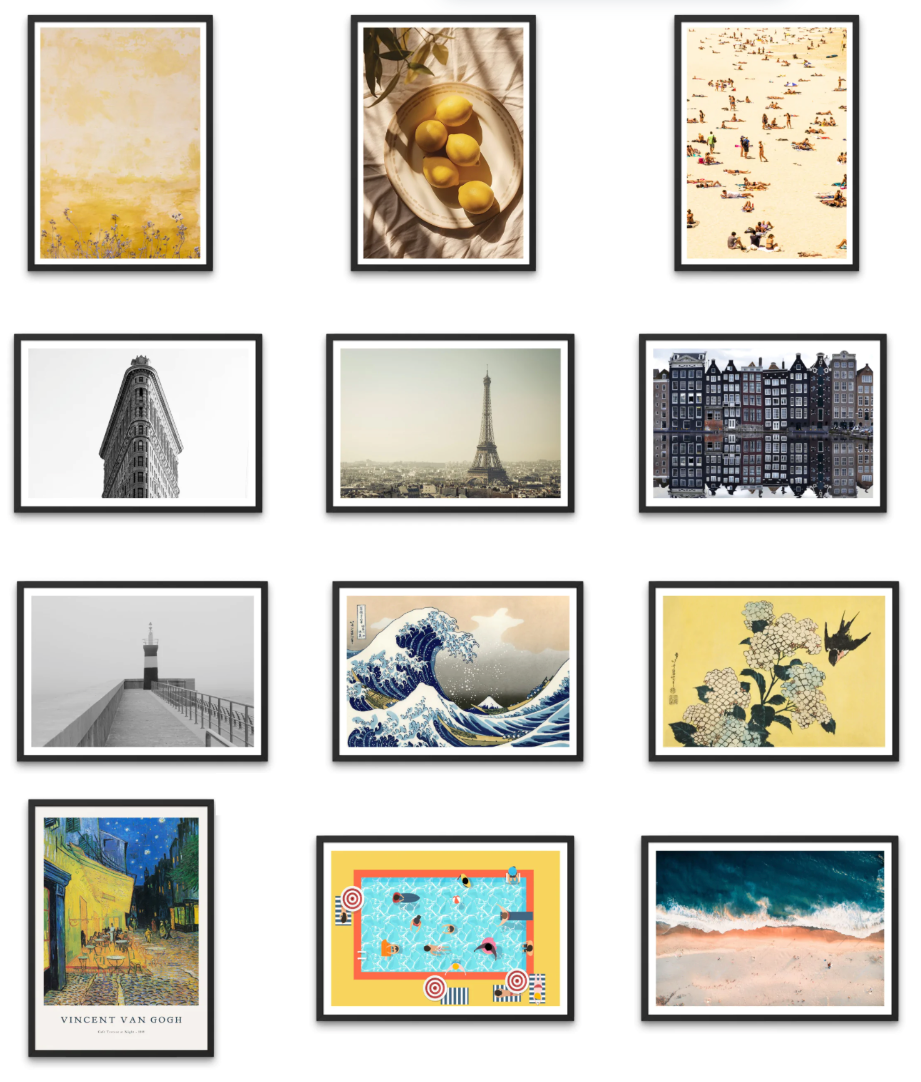 Twelve framed art pieces, including beach scenes, iconic buildings, fruit still life, and abstract designs, arranged in a grid on a wall.