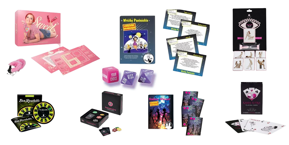 Collection of adult-themed games and cards, including pink dice, colorful cards, and vibrant boxes, set against a white background.