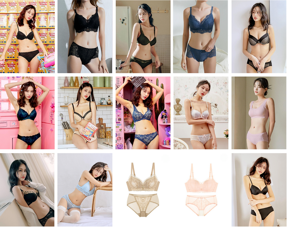 Women in various lingerie sets, posing indoors with colorful backgrounds and playful settings. Vibrant mood with diverse colors.