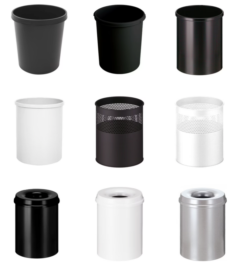 Nine trash cans arranged in a grid. Black, white, and metallic designs, some with perforated patterns, all on a white background.
