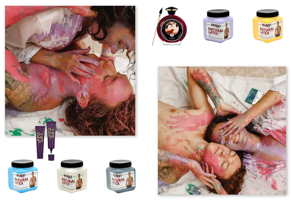 Two people covered in colorful paint lie joyfully on a paint-splattered sheet. Nearby, jars and tubes of natural latex paint are displayed.