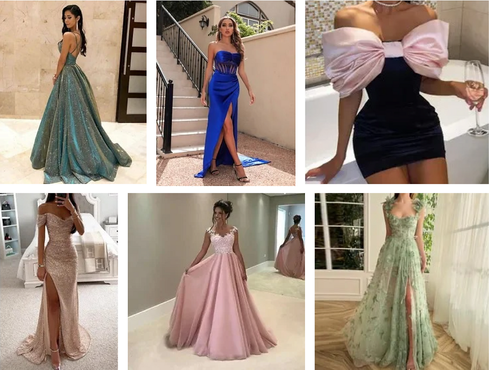 Women in elegant gowns pose indoors and outdoors. Dresses are in green, blue, pink, and black. The mood is glamorous and stylish.