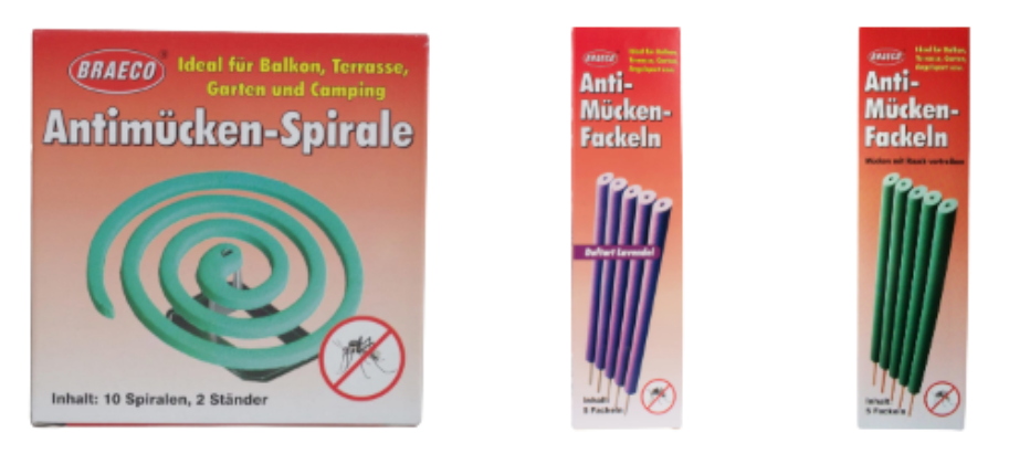 Three packages showing mosquito repellents: a spiral, purple candles, and green candles. Text includes "Antimücken-Spirale" and "Anti-Mücken-Fackeln."