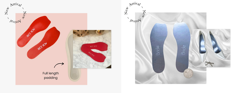 Red and blue insoles with text "Alice Bow" and "Bride." Backgrounds: pink and white silk. Includes white shoes and coin detail. New Arrival text.