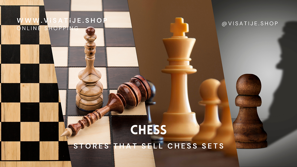Chess pieces on a board, king highlighted, wooden and checkered patterns. Text: "www.visatije.shop," "CHESS," "stores that sell chess sets."